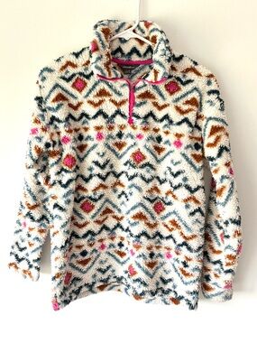 Eddie Bauer Aztec Print Cozy Fluffy Sherpa Fleece 1/4 Zip Pullover Blue Pink